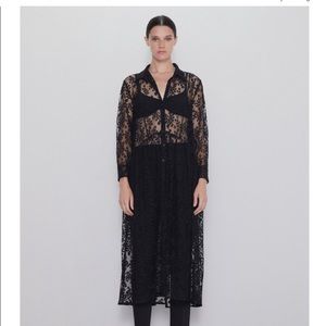 Zara blogger favorite long Semi-Sheer Lace Shirt Dress
